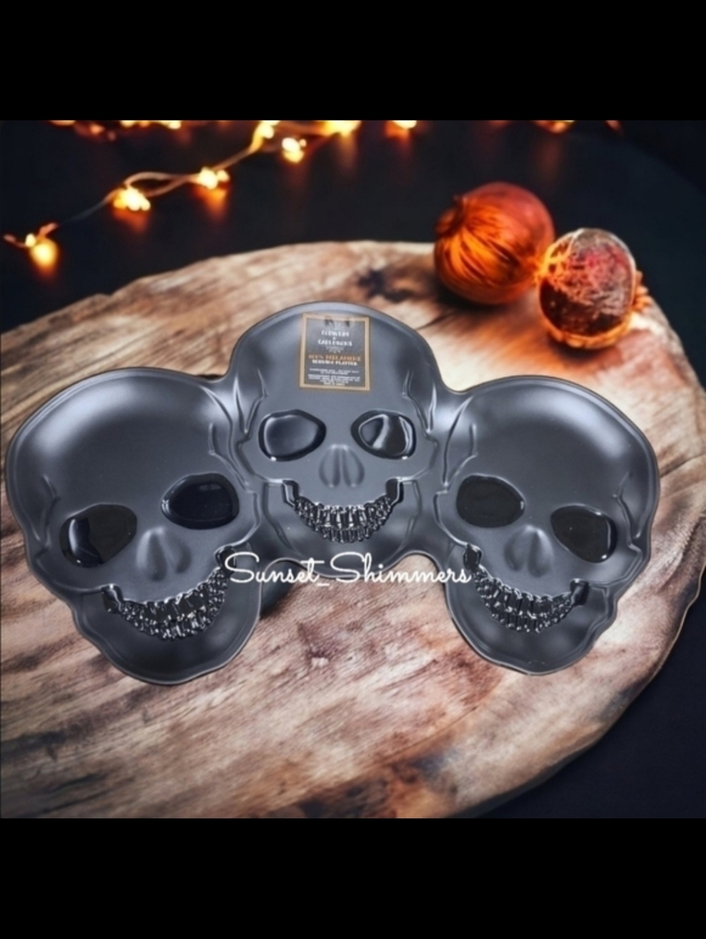 17" Black Skull Trio Halloween Melamine Serving Platter Tray Cobwebs & Cauldrons